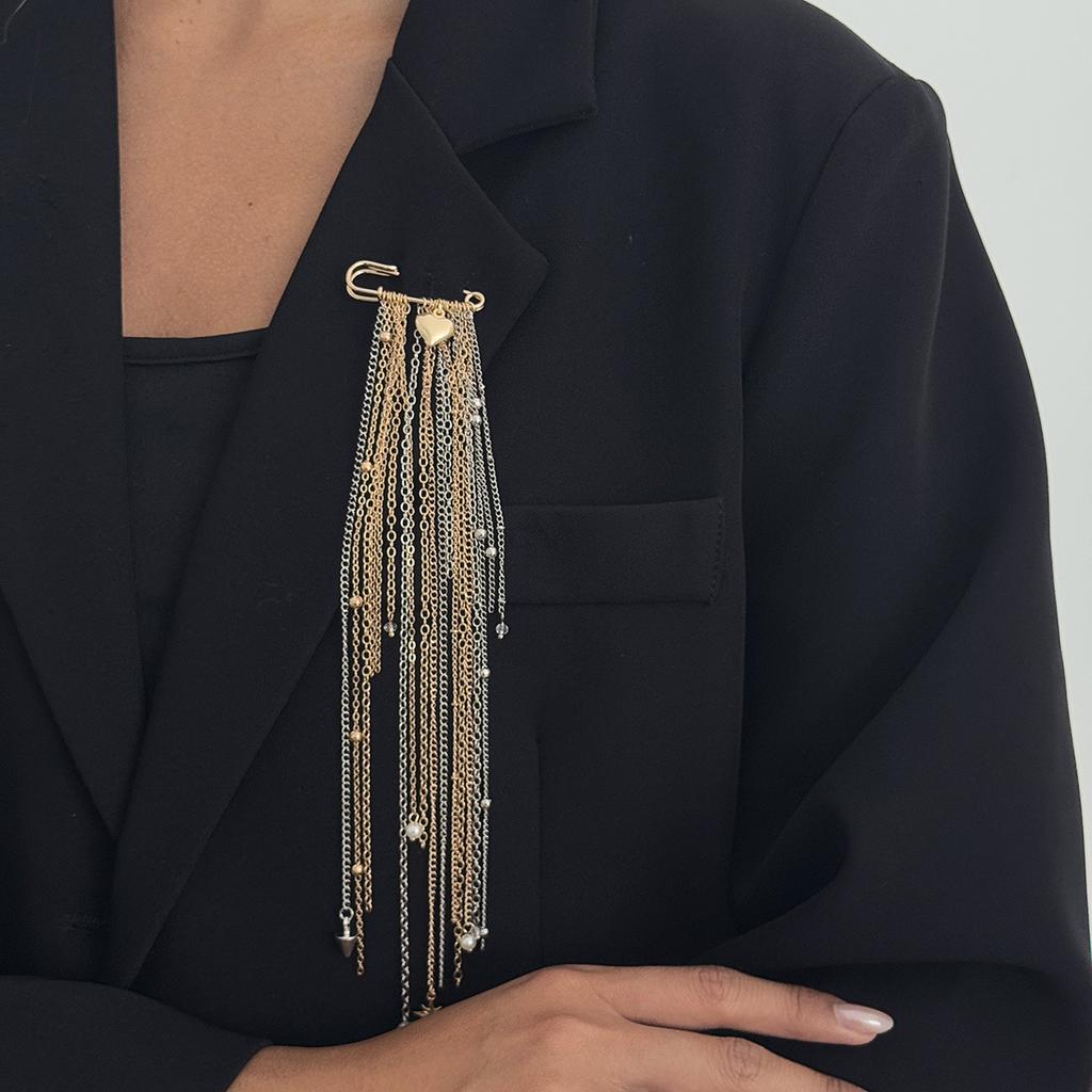 Sweet and Cool Long Flowing Su Chain Brooch, Exquisite Retro Heart-shaped Star Rhinestone Fixed Brooch, Hip-hop Multifunctional Accessory Gift