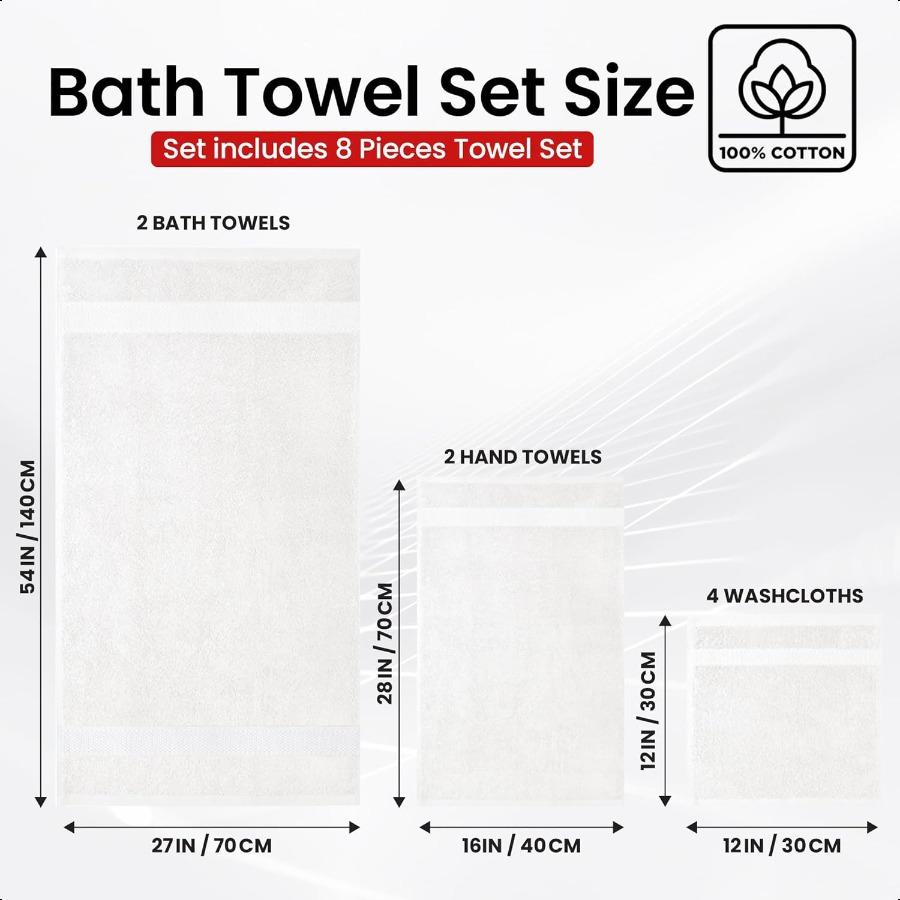 Luxury 100 Cotton Towel Set 8 Piece Bathroom Towel Set 2 Bath Towels 2 Hand Towels 4 Washcloths Soft Absorbent Towels for Bathr