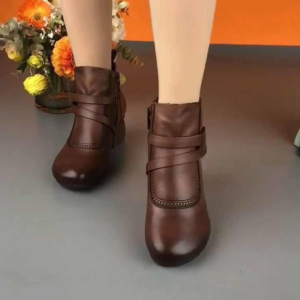 Feerldi Brand Vintage Boots Woman Ethnic Style Retro Short Boots Thick Heels Round Toe Comfort Mom Snow Boots with Side zippers