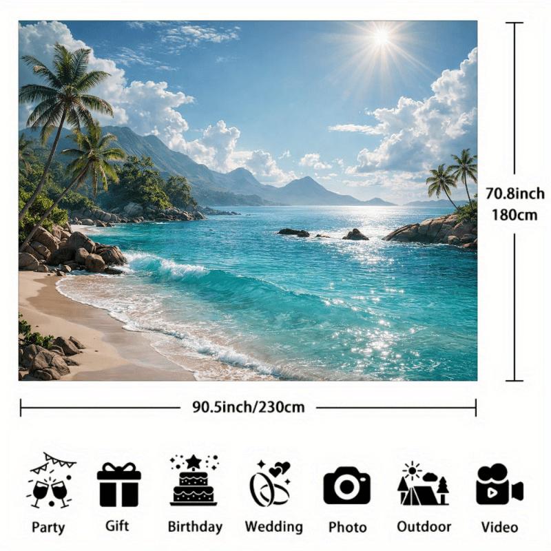 2D Flat Natural Landscape Banner Background Fabric - Tropical Bay Theme, Featuring Rainbows, Waterfalls and Coconut Trees