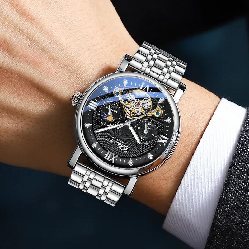 CHENXI Fashion Automatic Mechanical Watch Sun Moon Phase Tourbillon Waterproof Leather Strap Alloy Case Men's Watch