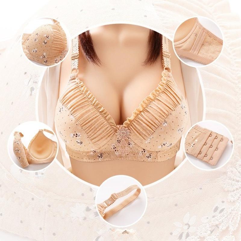 Blumenmuster Trägerloser BH Rüschen V-Ausschnitt 3D Formschale Breite Verstellbare Träger 3 Haken U-Rücken Baumwoll-Dessous für Damen