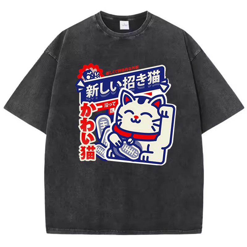 Manga T Shirt Vintage Washed Cotton T-Shirt Japanese Style Anime Cat Graphic Tee Casual Streetwear Spring Tops