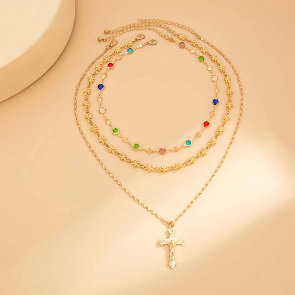 SHIXIN 3Pcs/Set Vintage Jesus Cross Pendant Necklace for Women Elegant Multilayer Colorful Crystal Chain Choker Jewelry Gift New