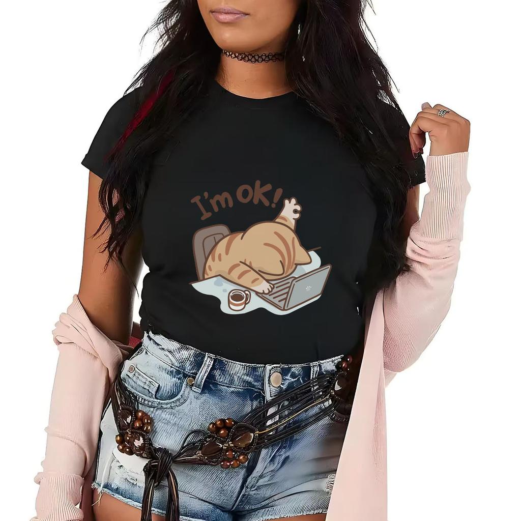 Interesting OK cat cartoon printed short sleeved round neck Womens Tshirt for spring and summer versatile Womens Tshirt