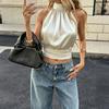 Summer Solid-color Elegant Necktie Shirt, Off-shoulder Blouse, Fashionable and High-end Sleeveless Shirt