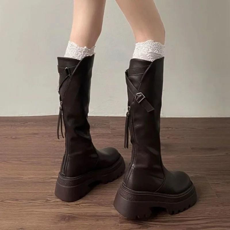 Brown Thick Heel Long Boots Women's Summer Versatile Slimming Over-Knee Boots Stylish Round Toe Rubber Outsole Pure Color