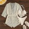Womens 3-Piece Swimsuit Set With Long Sleeve Mesh Cover-Up High-Waisted Tie Waist Padded Bust Nylon Spandex Fabric