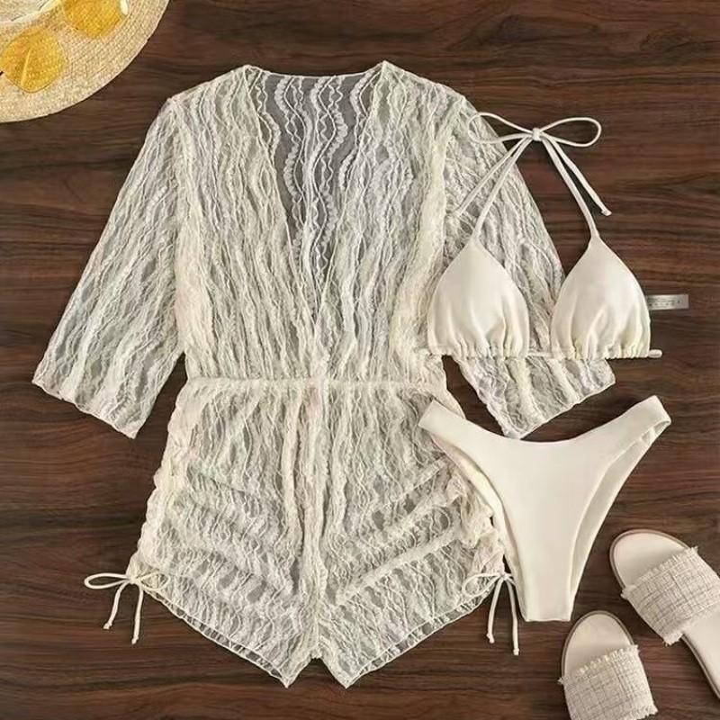 Womens 3-Piece Swimsuit Set With Long Sleeve Mesh Cover-Up High-Waisted Tie Waist Padded Bust Nylon Spandex Fabric