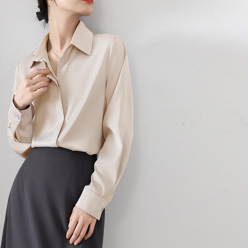 Women's Retro Satin Loose-Fit Long Sleeve Shirt - Hidden Placket, Hong Kong Style, Light Luxury for Spring & Autumn