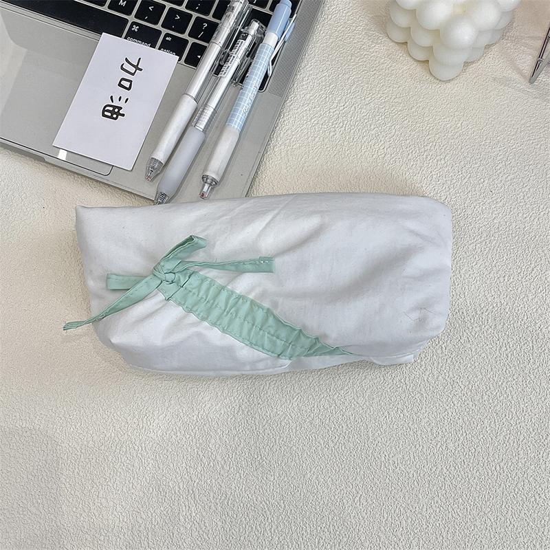 Ins Style Simple Fabric Pencil Case Bowknot Makeup Bag Large Capacity Storage Bag Stationery Pouch School Supplies Girls Gift