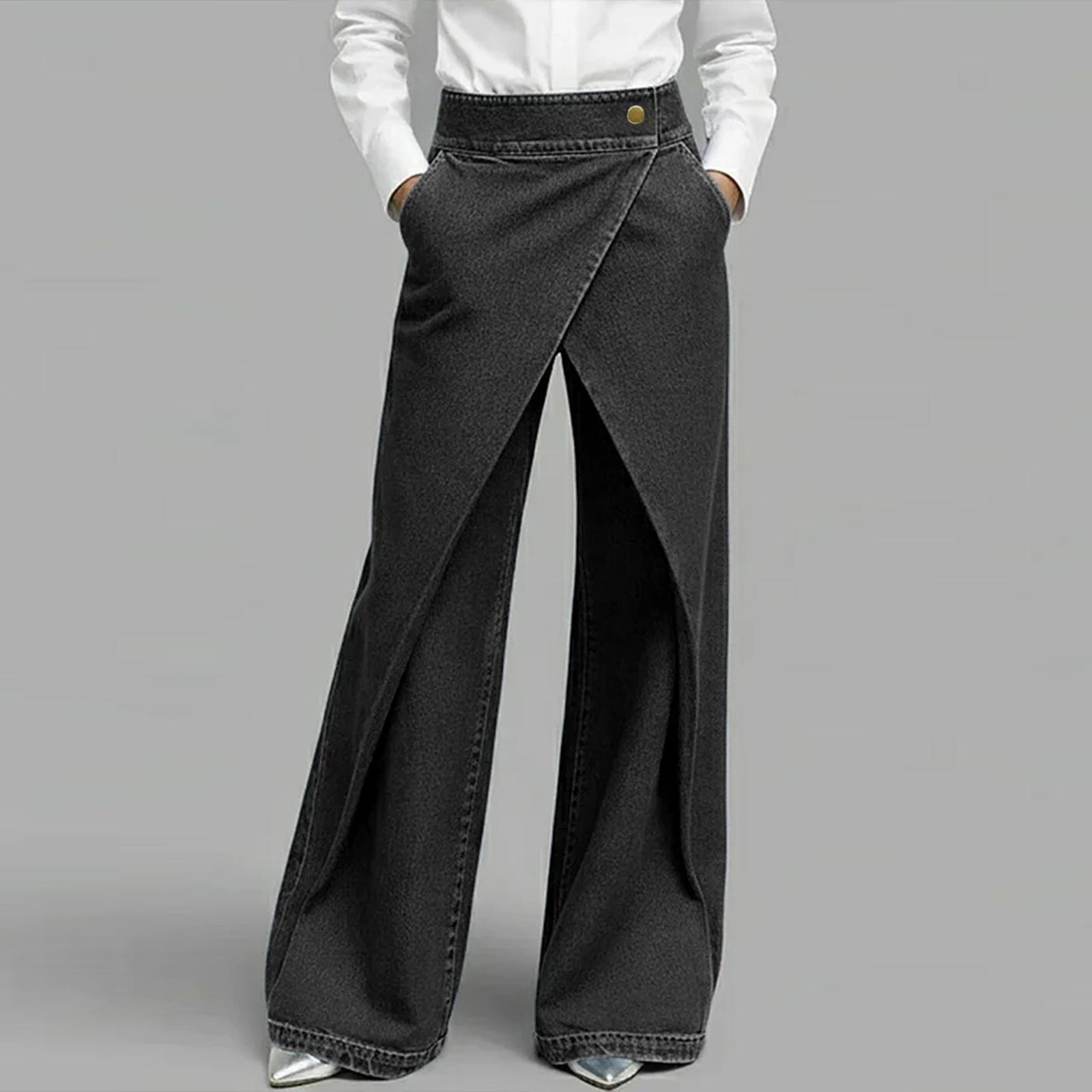 

Women High Waist Button Front Wide Leg Denim Pants with Overlapping Wrap Design and Functional Pockets for Spring and Autumn L чёрный
