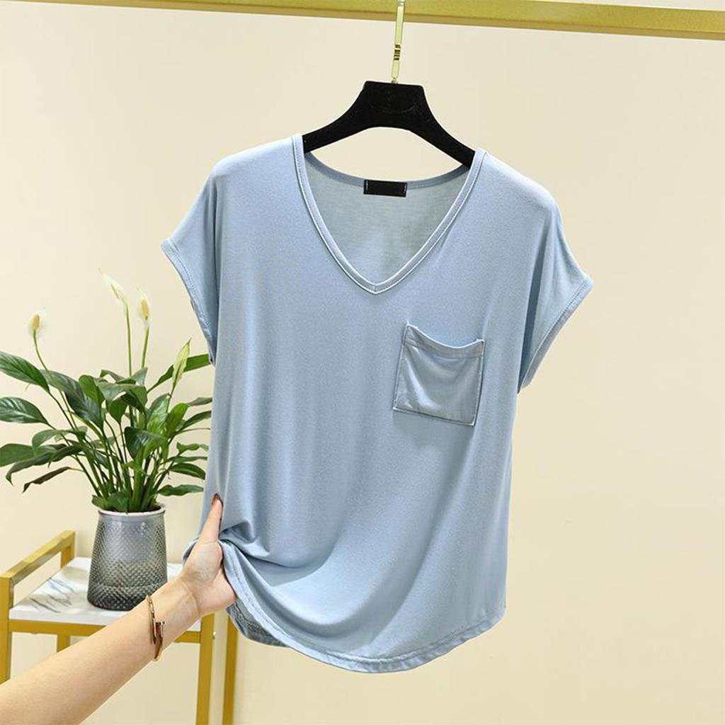 Women's Loose Casual V-neck Pocket Short Sleeved T-shirt For Summer Thin Cut Single Top Solid Color Inner Layer Bottom Layer