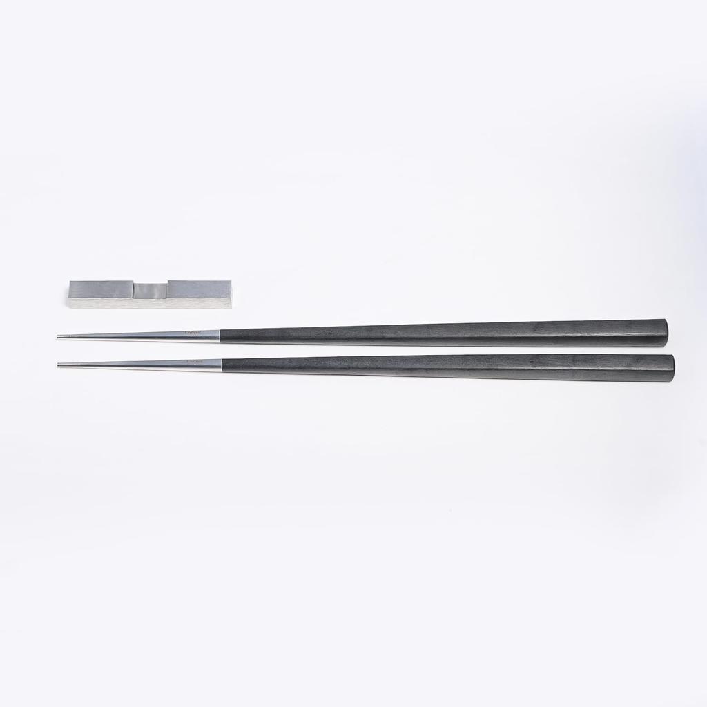 Cutipol KUBE Chopsticks and Chopstick Rest Set, 22.5cm, Handmade Cutlery, Silver/Black, KU39 [Parallel Import]