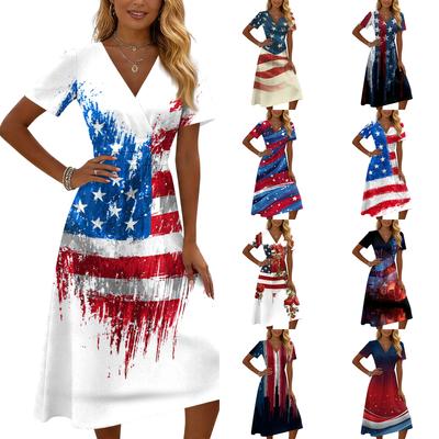 Womens Short Sleeve V Neck Midi Dress with Printed Star and Stripe Pattern Loose Fit Soft Fabric Casual Style