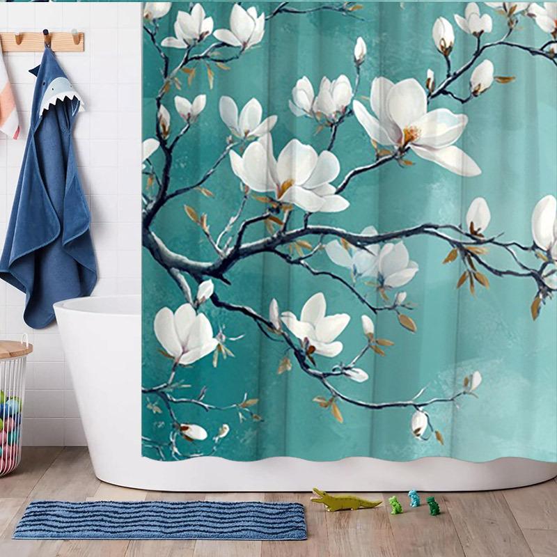 1pc White Magnolia Branch Shower Curtain - Soft Teal Gradient, Polyester, 70.8x70.8In, 12 Hooks, Washable & Durable