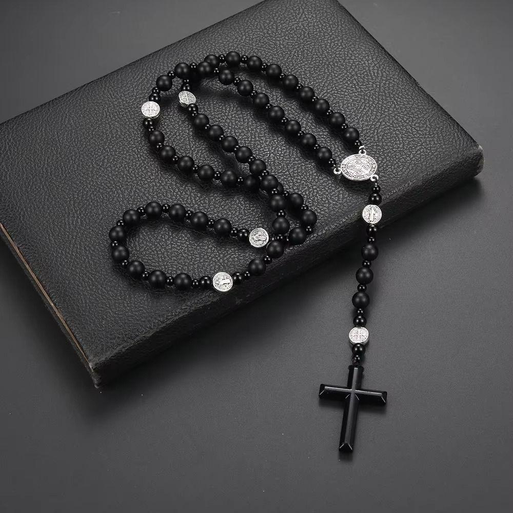 Rosario Nero alla Moda con Perline Rotonde Croce Classica con Ciondolo Regalo Rosario
