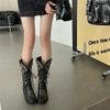 Fashion Retro Embroidered Leather Mid-Calf Western Cowboy Boots Women 2025 New Thick Heel British Style Knight Boots Microfiber Material