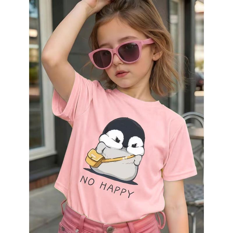 Girls Cute Penguin Print Crewneck Loose Summer Casual Short Sleeve T-Shirt