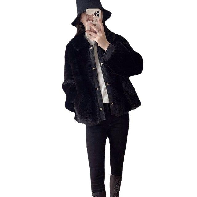 Autumn and Winter Imitation Fur Coat Female Danish Mink Cotton Thickened Coat Lapel Lantern Sleeve Thermal Top Looks Thin