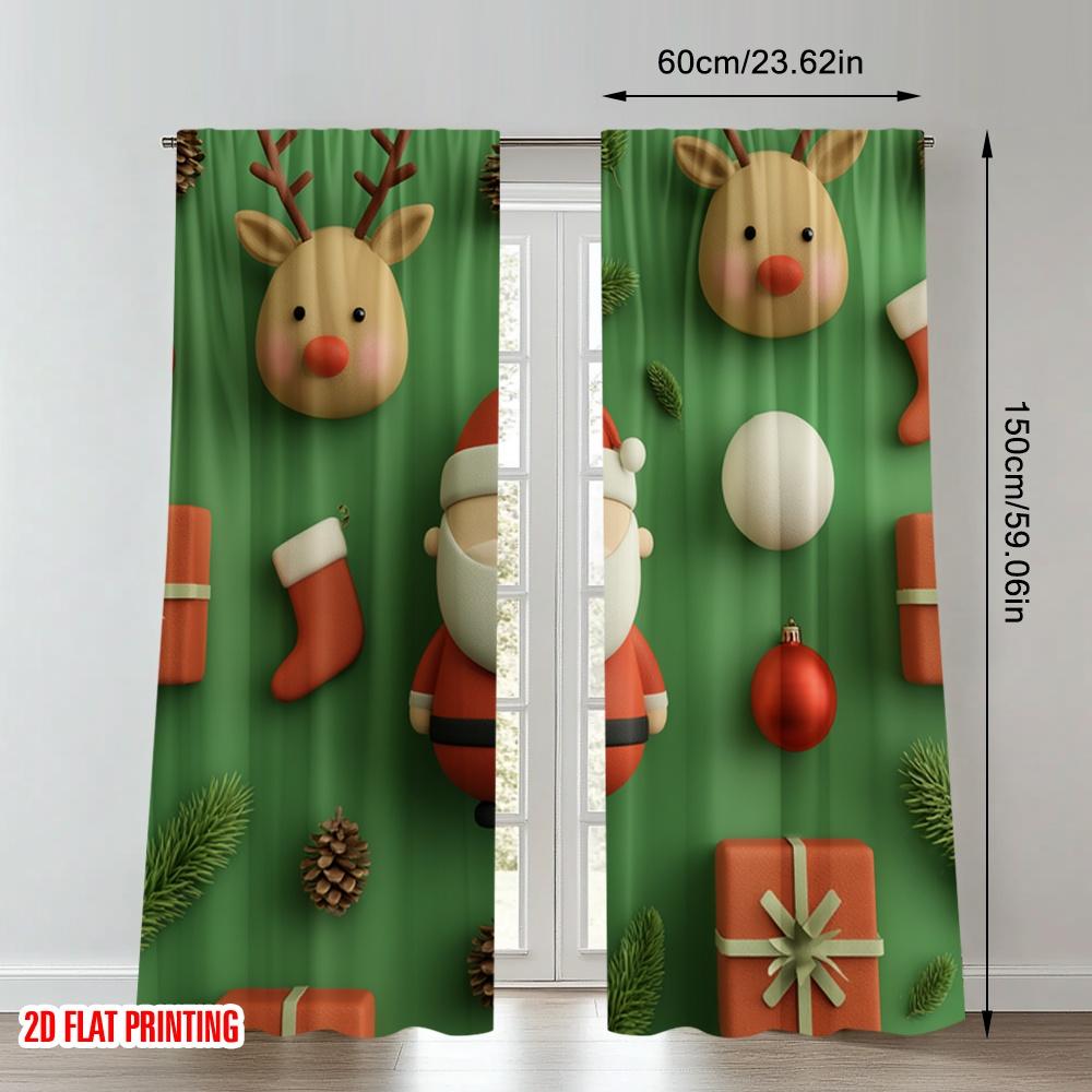 2pcs 2D flat printing Happy Christmas Scene Curtains Christmas Reindeer Santa Claus Gift Digital Printed Polyester Drapes
