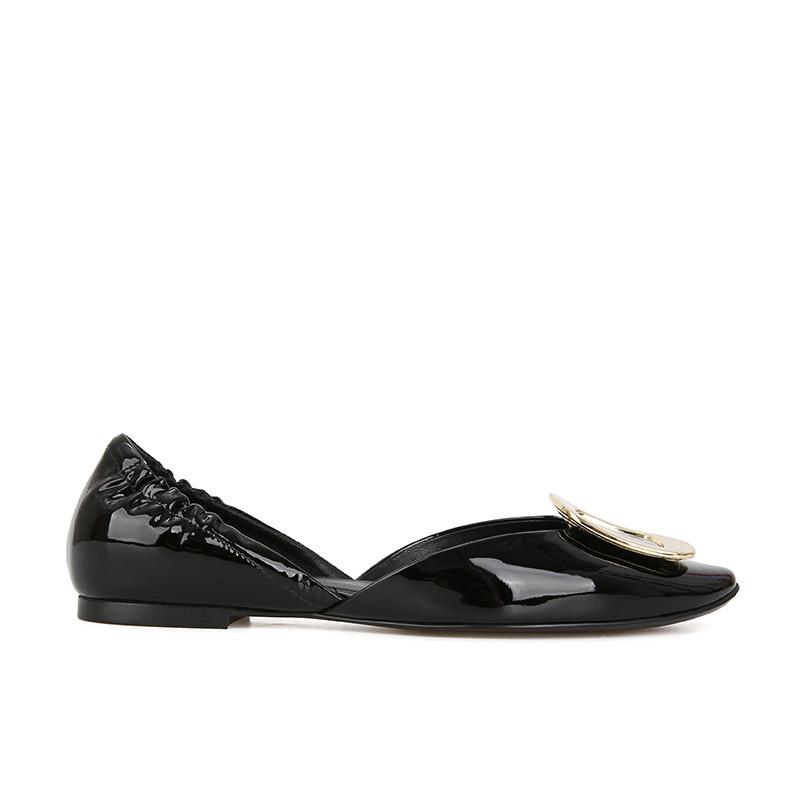 [Women's shoes source Litong] office lady~ chips square buckle pleated hollow flat single shoes women's grandma shoes