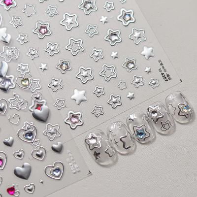 Colored Crystal Star Love Shiny Silver Hollowed Smudging Rainbow Flower Jelly Embossed Nail Art Stickers Manicure Decals