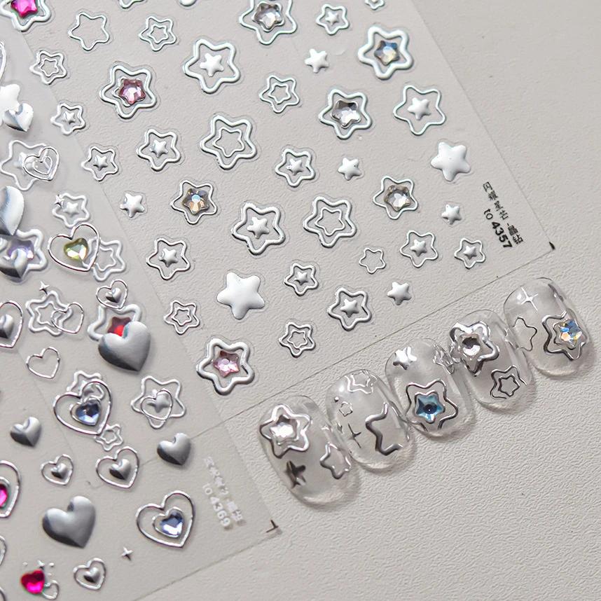 Colored Crystal Star Love Shiny Silver Hollowed Smudging Rainbow Flower Jelly Embossed Nail Art Stickers Manicure Decals