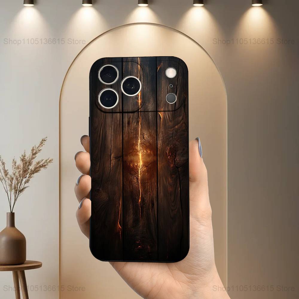 Flame Wood Grain Art Case For iPhone 17,16,15,14,13,12,11 Air,Plus,Pro Max,XS,X,XR,SE,Mini,8,7,Soft Silicone Black Cover