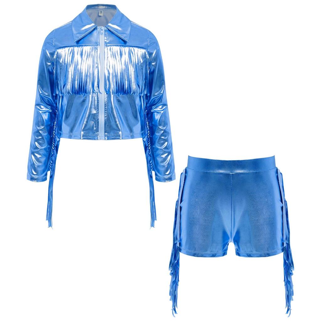 Mädchen Tanzjacke Quasten Fransen Metallic Top Umlegekragen Langarm Reißverschluss Glänzende Jacke Shorts
