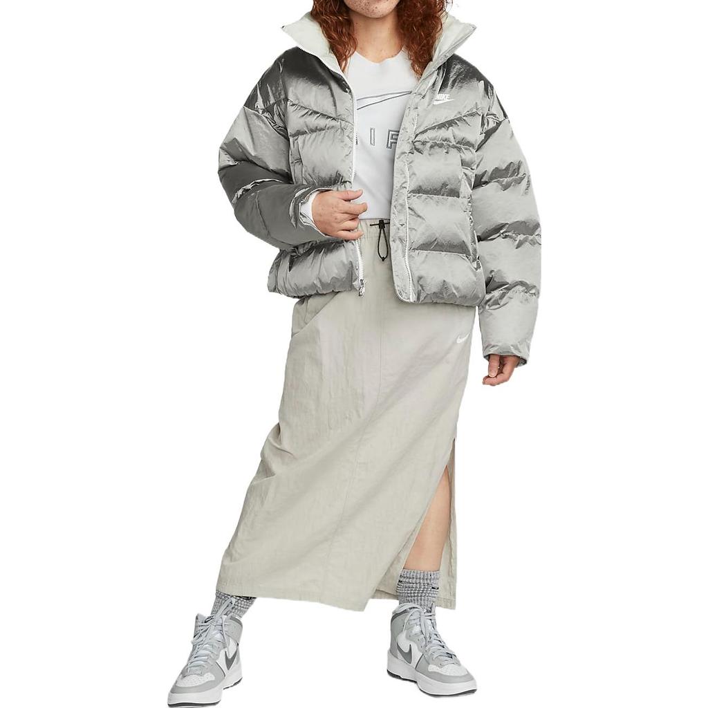 Nike Sportswear Therma-Fit City Series Solid Logo Print Zip-Up Warm Cotton Jacket Women jackets Silver DQ6889-014