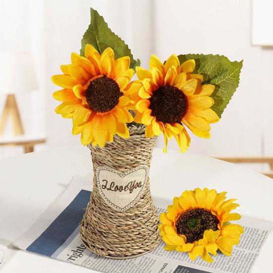 Artificial Sunflower with Leaves Long Stem Fake Silk Large Sunflower for Home Hotel DIY Craft Wedding Party Indoor Outdoor Decoration