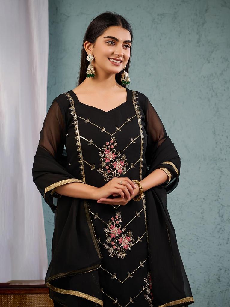 Women Black Embroidered Kurta Palazzo Set with Dupatta Ethnic Party Wear Indian Suit