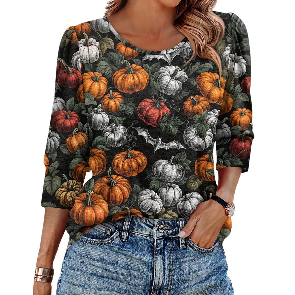 Dámský módní ležérní top s kulatým výstřihem a sedmíčtvrtečním rukávem s halloweenským potiskem a balónovým rukávem