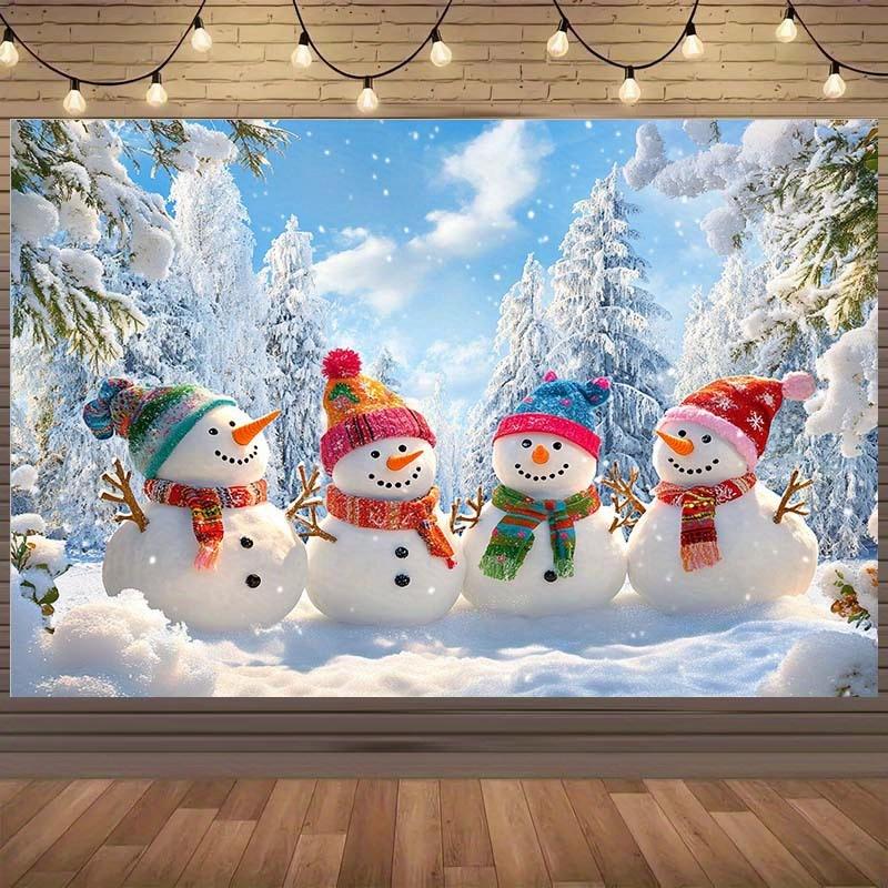 Winter Miracle Snowman Background - Festival Snow Tree and Blue Sky Scene with Colorful Scarf and Hat