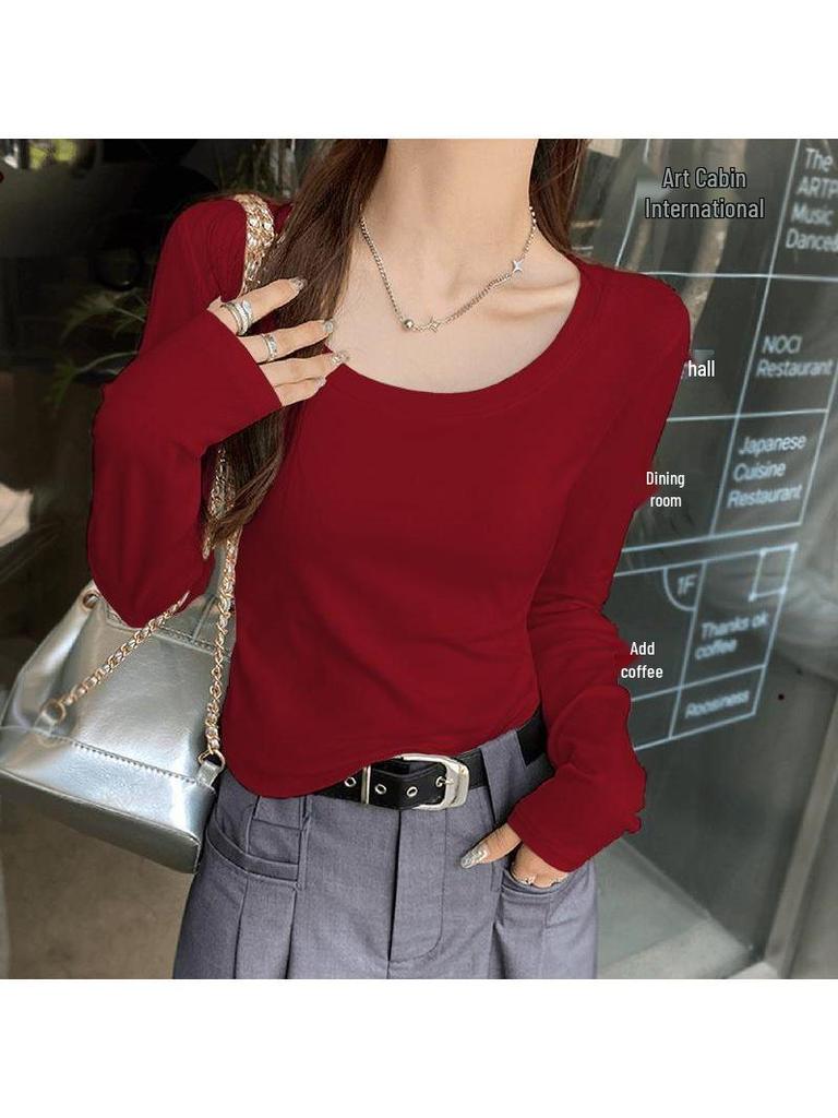 Women's Solid Color Raglan U-Neck Long Sleeve Slim Fit Base Layer Top for Spring and Autumn