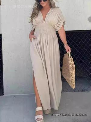 Summer V-neck Batwing Sleeve Elastic Waist Split Long Dress
