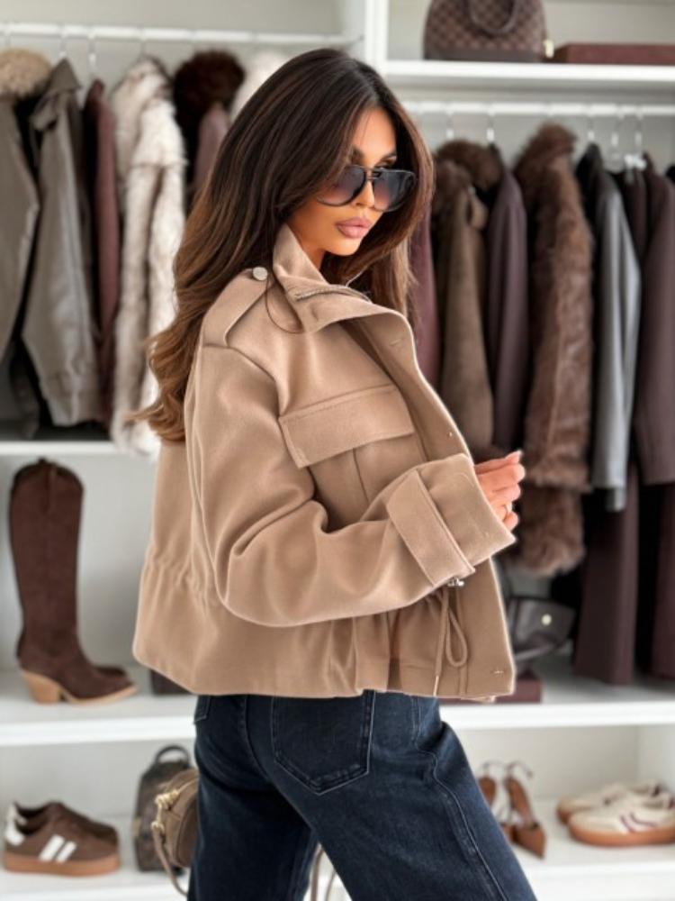 Autumn and Winter Women's Clothing Stand-up Collar Long-sleeved Button-up Cardigan Jacket Casual Belt Pocket Short Coat