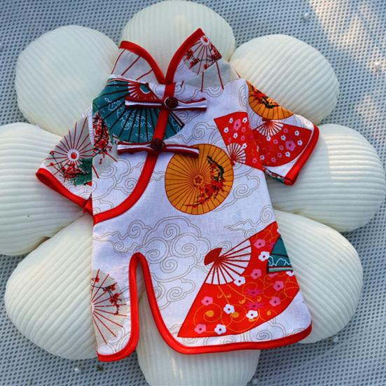 Pet Cheongsam Fan Umbrella Printing Split Hem Disc Buckle Summer Dog Two-legged Cheongsam Clothes for Home Wear