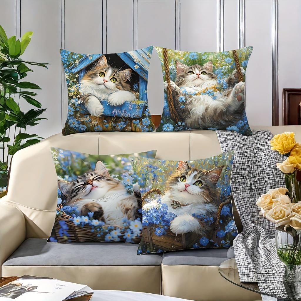 Cute Cat Prints On Blue Flower Decorative Cushions Polyester pillowcase, sofa decorative cushion cov Headboard Pillow