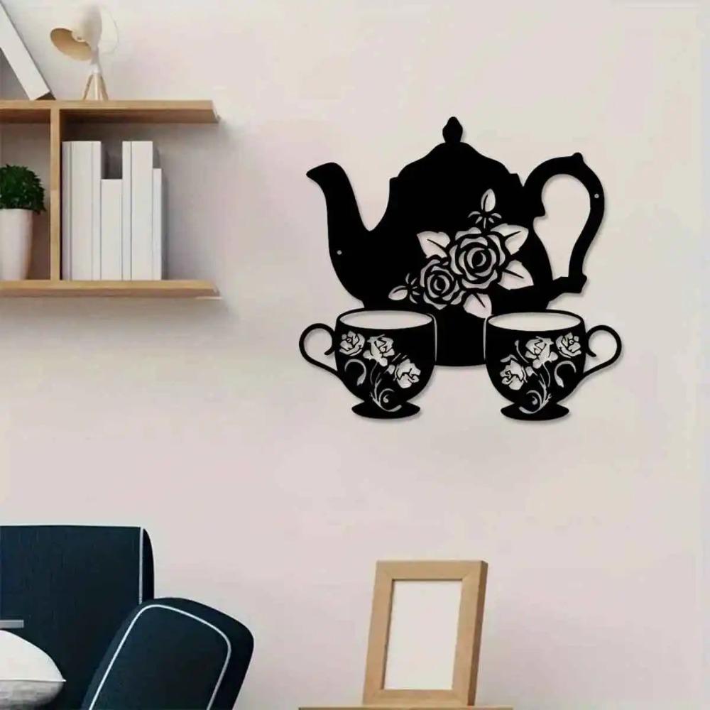 Metal Teapot Wall Art Floral Iron Sculpture, Rustic Decor for Living Room Office Patio Cottage, Indoor Outdoor Use