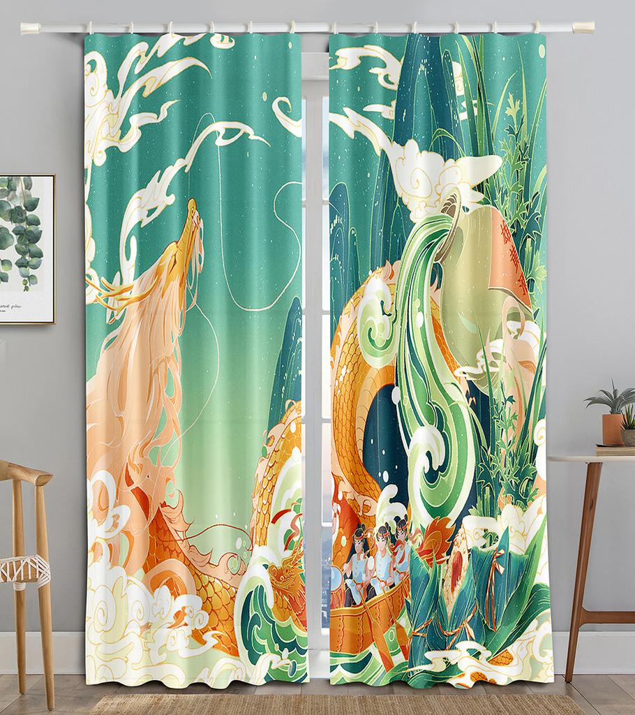 Chinese Tradtional Gold Fish Sea WaveBlackout Window Curtain for Living Room Bedroom Bathroom Kicthen Door Cupboard Decor Hooks