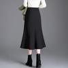 Elegant Black Mid-Length Fishtail Skirt - Autumn/Winter, Elastic High Waist, Plus Size Women's Clothing
