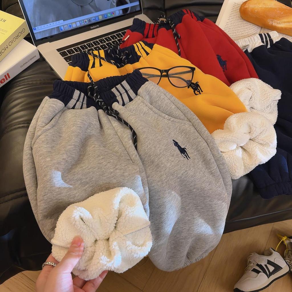 Kids' Unisex Korean Style Fleece Lined Embroidered Joggers for Autumn/Winter
