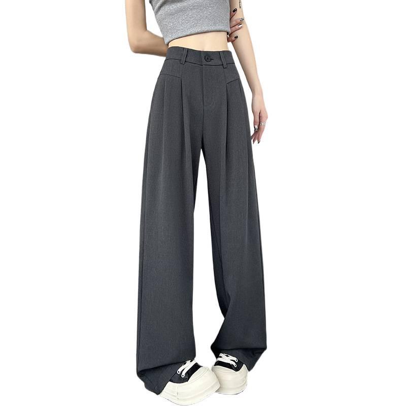Gray High-Waisted Slimming Wide-Leg Suit Pants - Women's Versatile Loose Floor-Length Trousers for Spring and Summer