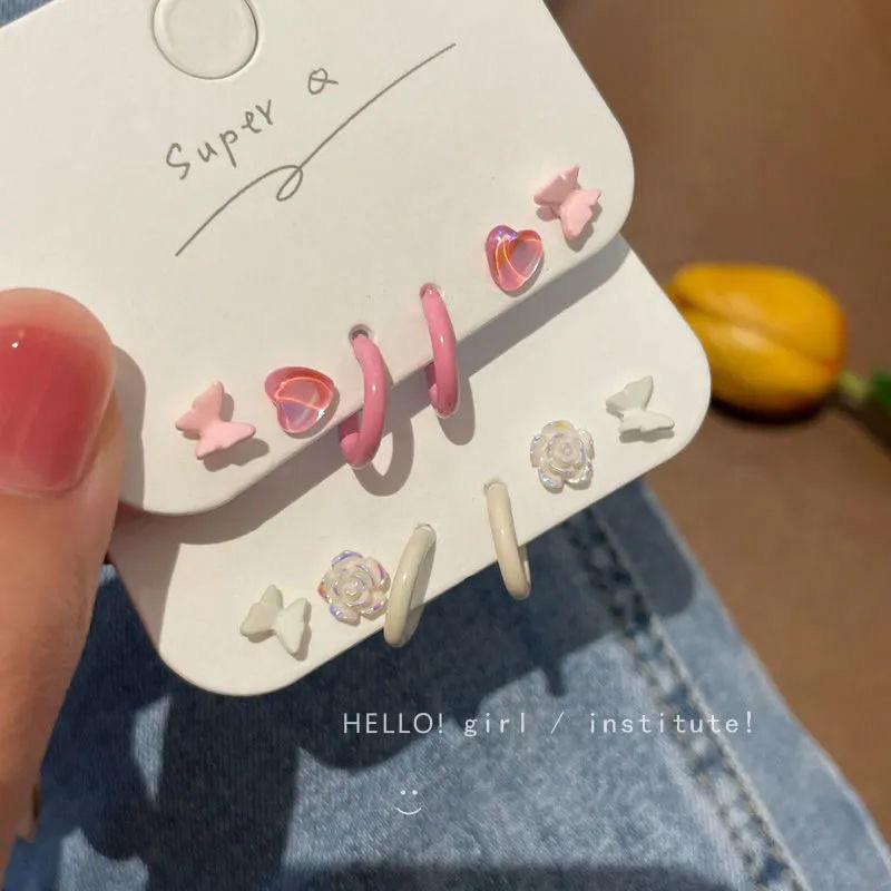 Piercing náušnice IF ME s motýlem pro ženy, růžové srdce, květina, kruhové náušnice C šperky