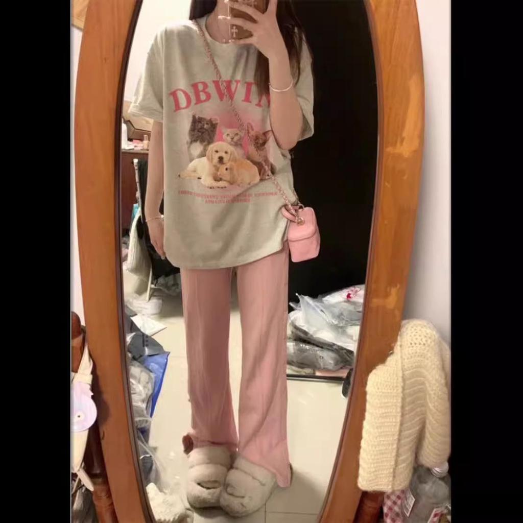 Women's Oversized Gray Casual T-Shirt - Short-Sleeve Retro Hong Kong Style for Summer