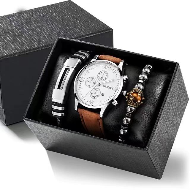 Men Simple Fashion Casual Leather Band Quartz Watch Bracelet + Bracelet Gift Watch Set Smartwatch