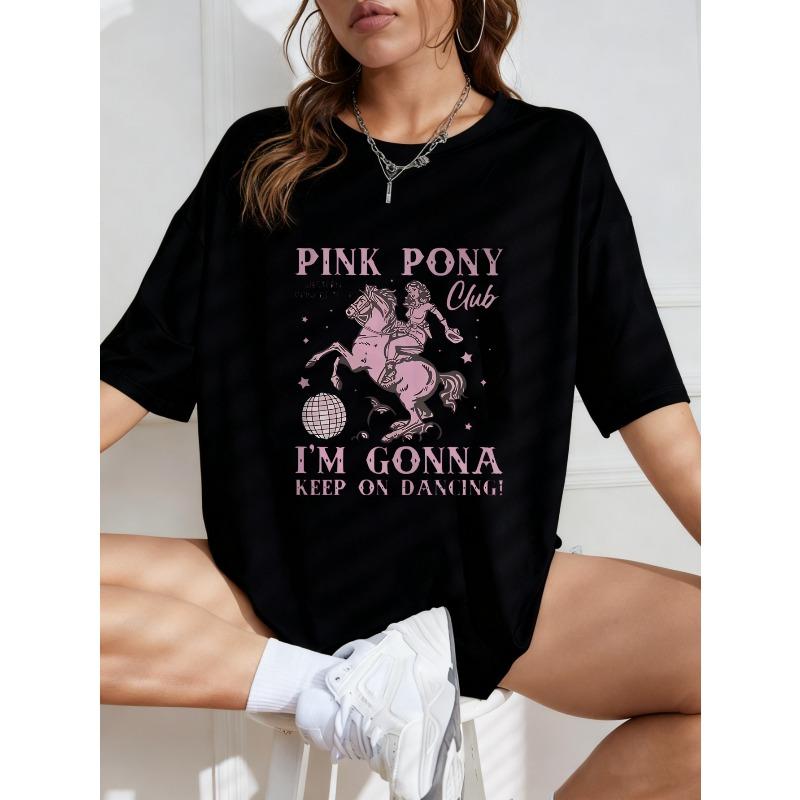Oversize T-Shirt mit pinkem tanzendem Pony-Print – „PINK PONY Club“ Edgy-Sweet Dynamisches Slogan-Top