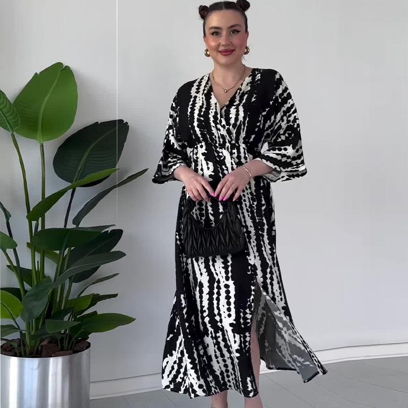 

Летнее платье с V-образным вырезом, модным принтом, повседневное, свободного кроя, с длинными рукавами, для женщин M чёрный